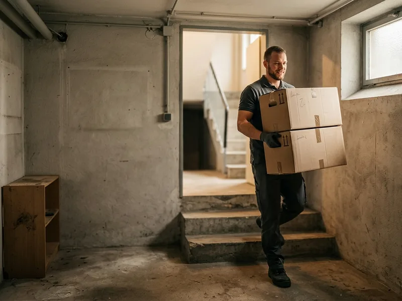 Mitarbeiter trägt Kartons aus einem geräumten Kellerraum