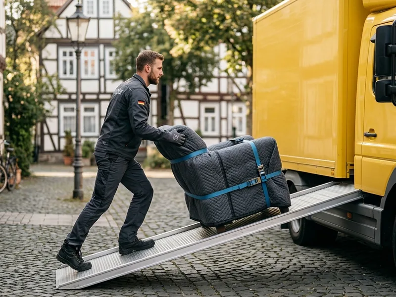 Möbeltaxi: verpackter Sessel wird in einen gelben Transporter geladen